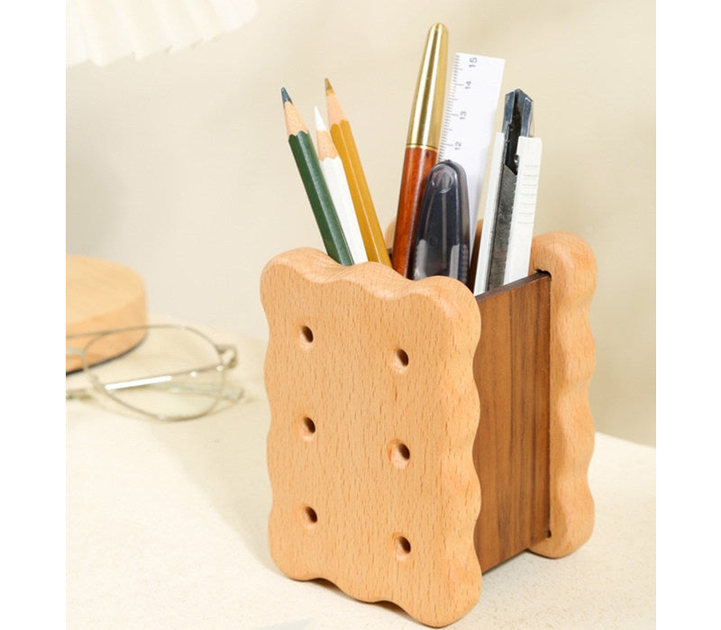 Whimsical Wooden Biscuit Pen & Pencil Holder - Natural Wood Desk Organizer