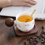Cute Peach - Printed Ceramic Mug with Wooden Ball Handle, Includes Coaster and Spoon