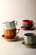Artisan Ceramic Cup and Saucer Set, Geometric - Shaped Tea/Coffee Cups with Saucers