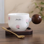 Cute Peach - Printed Ceramic Mug with Wooden Ball Handle, Includes Coaster and Spoon