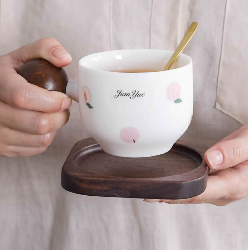 Cute Peach - Printed Ceramic Mug with Wooden Ball Handle, Includes Coaster and Spoon