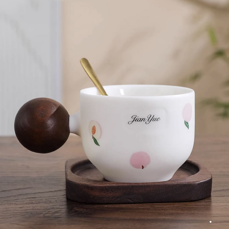 Cute Peach - Printed Ceramic Mug with Wooden Ball Handle, Includes Coaster and Spoon
