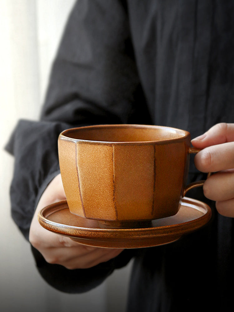 Artisan Ceramic Cup and Saucer Set, Geometric - Shaped Tea/Coffee Cups with Saucers