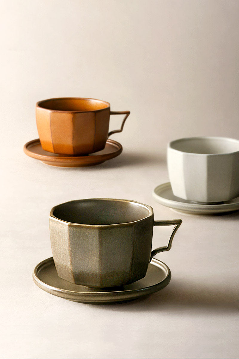 Artisan Ceramic Cup and Saucer Set, Geometric - Shaped Tea/Coffee Cups with Saucers