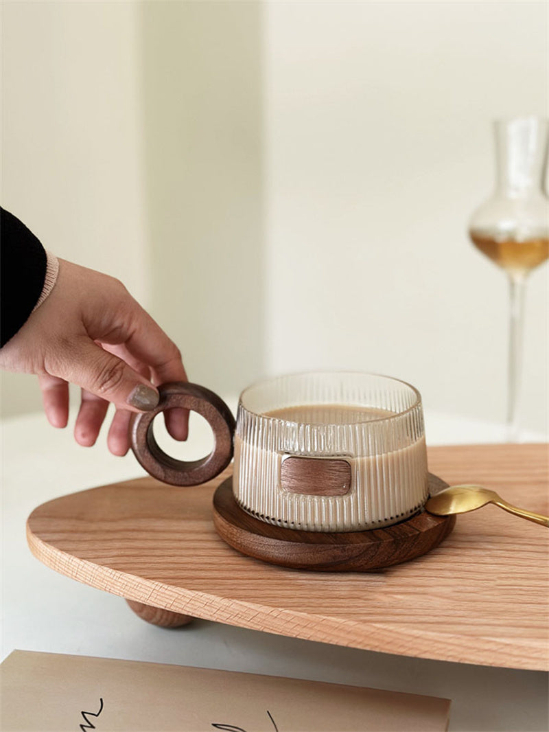 Ribbed Glass Coffee Mug with Wooden Handle and Coaster Set, Stylish Drinkware for Home