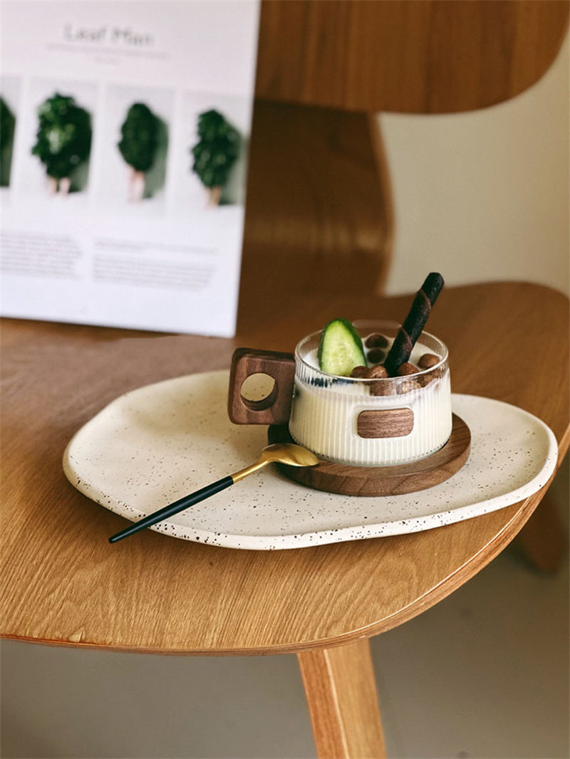 Ribbed Glass Coffee Mug with Wooden Handle and Coaster Set, Stylish Drinkware for Home