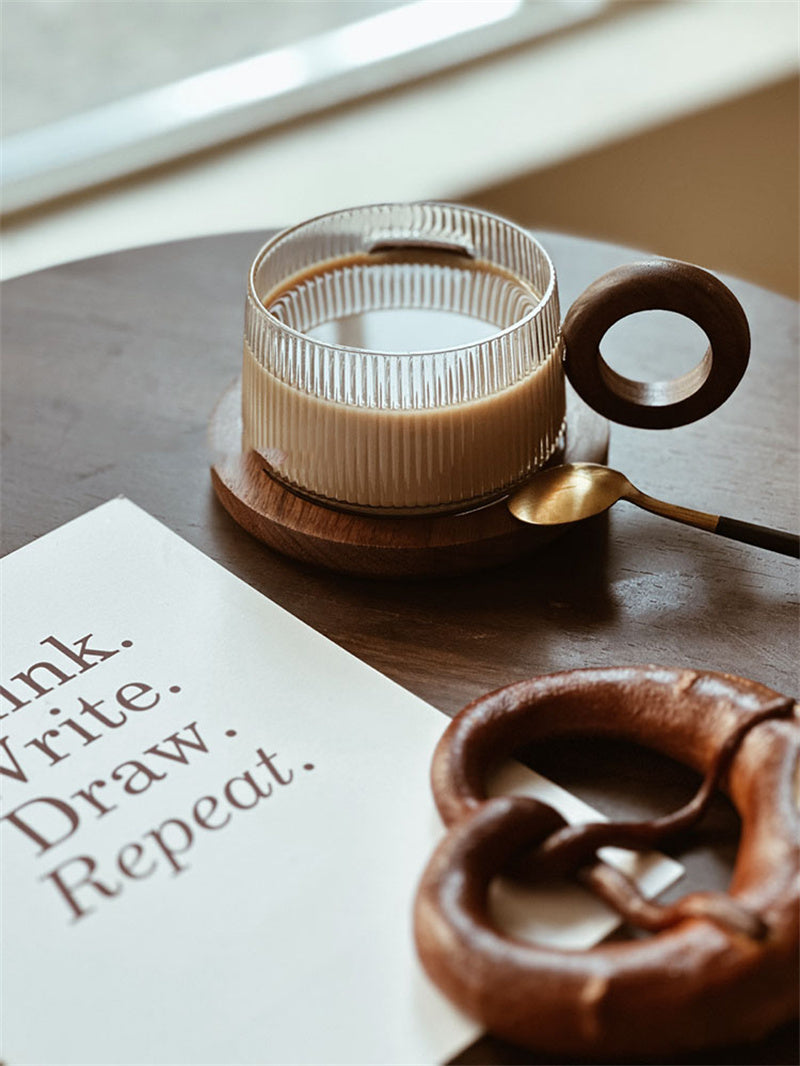 Ribbed Glass Coffee Mug with Wooden Handle and Coaster Set, Stylish Drinkware for Home