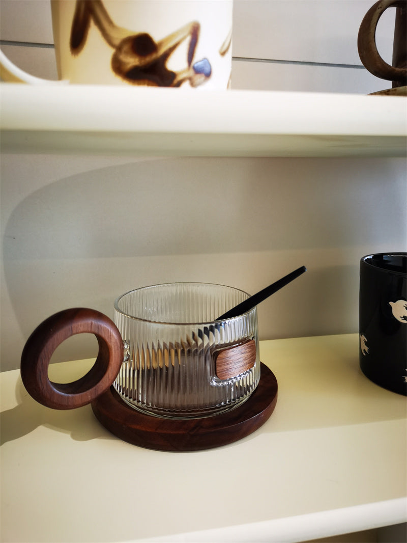 Ribbed Glass Coffee Mug with Wooden Handle and Coaster Set, Stylish Drinkware for Home