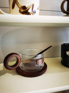 Ribbed Glass Coffee Mug with Wooden Handle and Coaster Set, Stylish Drinkware for Home