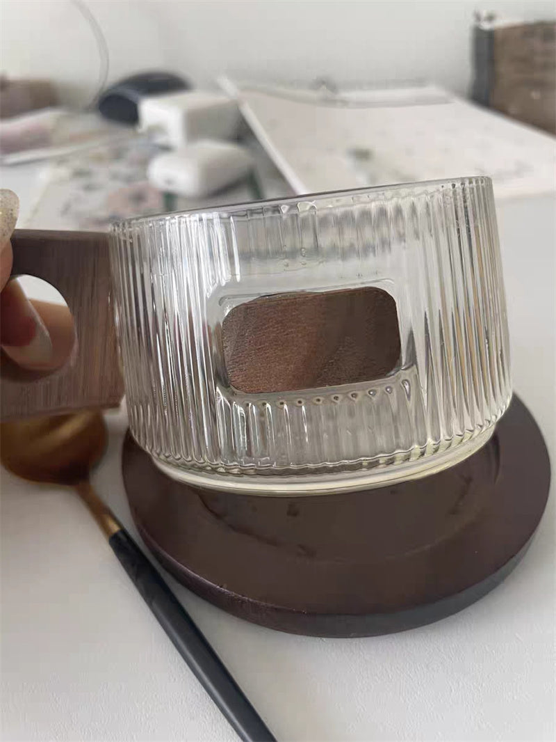 Ribbed Glass Coffee Mug with Wooden Handle and Coaster Set, Stylish Drinkware for Home