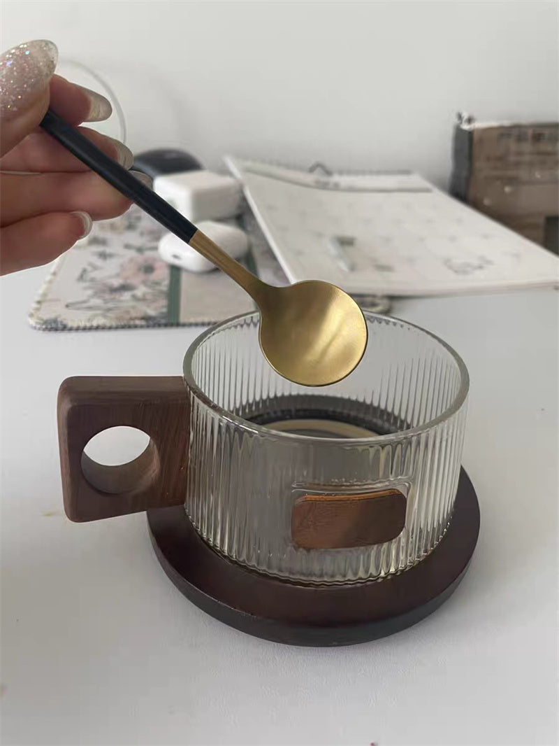 Ribbed Glass Coffee Mug with Wooden Handle and Coaster Set, Stylish Drinkware for Home