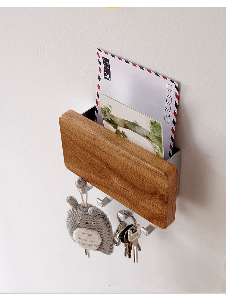 Oak and Metal Wall - Mounted Key Holder with Storage Shelf, Decorative Organizer