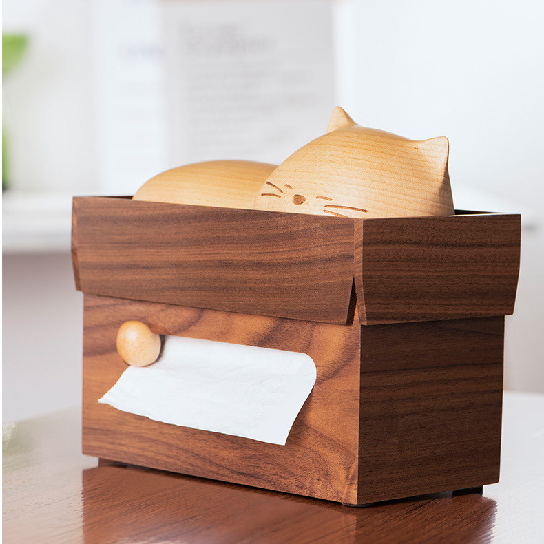 Solid Walnut & Beech Wood ‌Sleeping Cat Tissue Box - Fun Home and Office Decoration