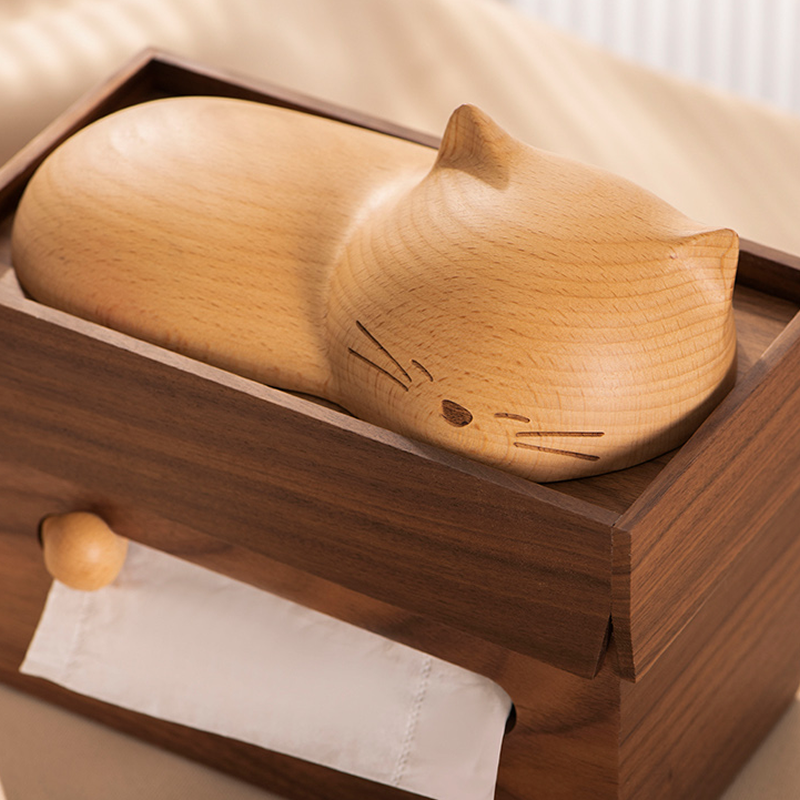 Solid Walnut & Beech Wood ‌Sleeping Cat Tissue Box - Fun Home and Office Decoration