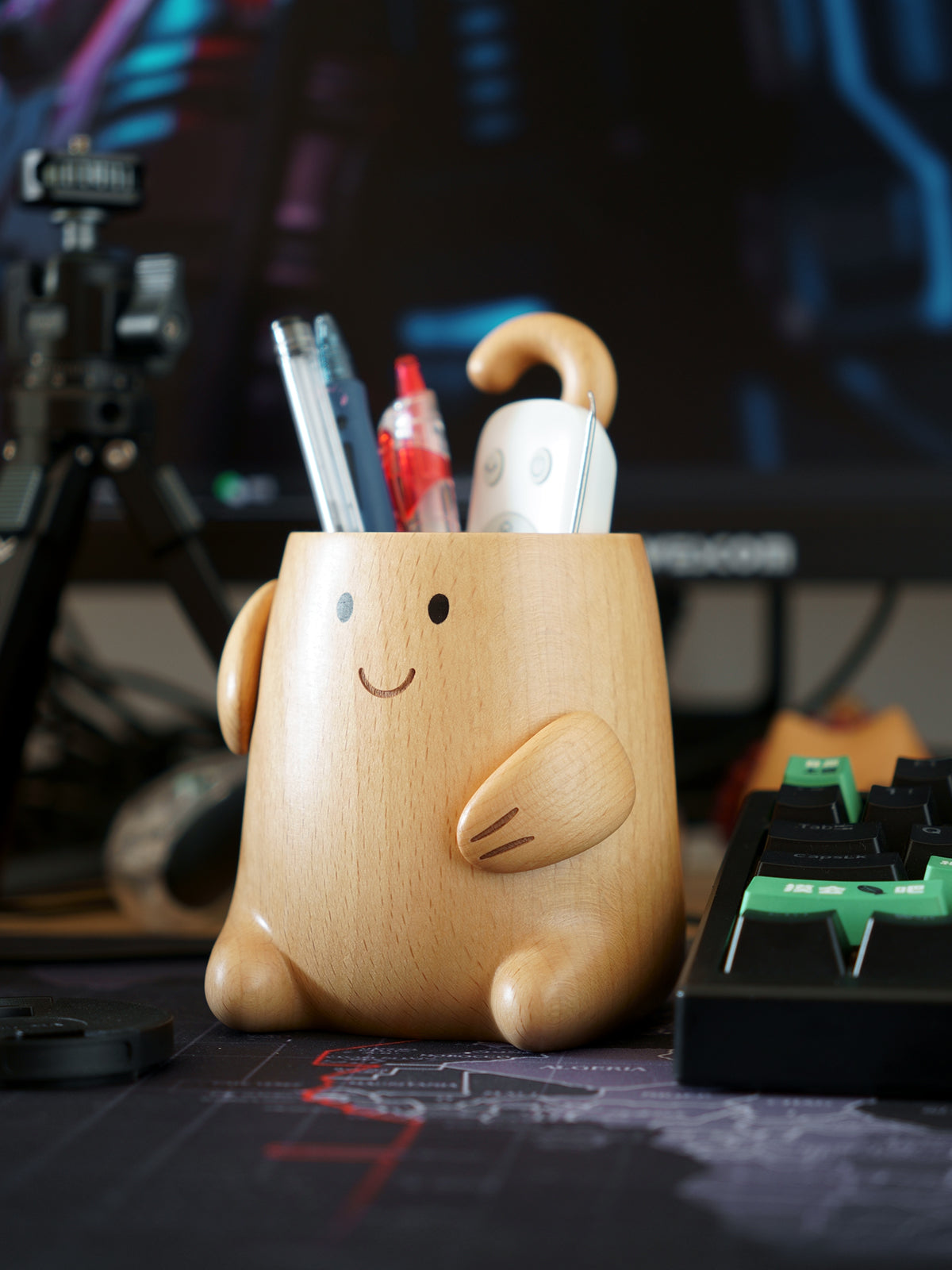 Cute Wooden Monster Desk Organizer, Multi - Function Pen Holder with Clip Storage