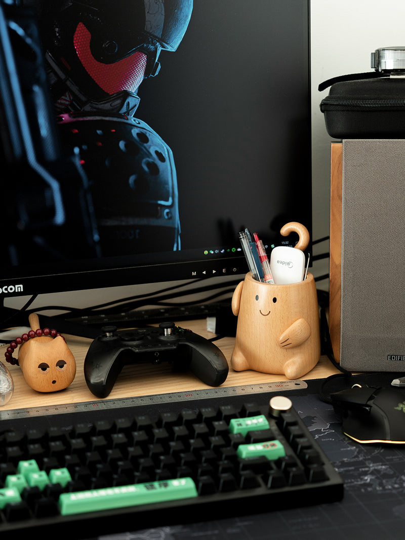 Cute Wooden Monster Desk Organizer, Multi - Function Pen Holder with Clip Storage