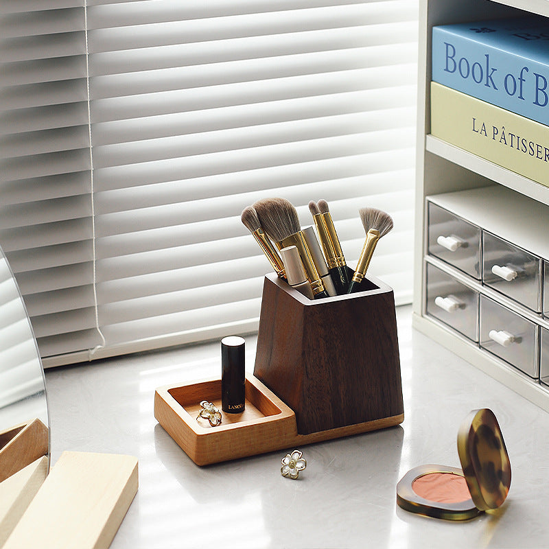 Wooden Desk Organizer - Pen Holder with Small Storage Tray, Natural Walnut & Beech Wood
