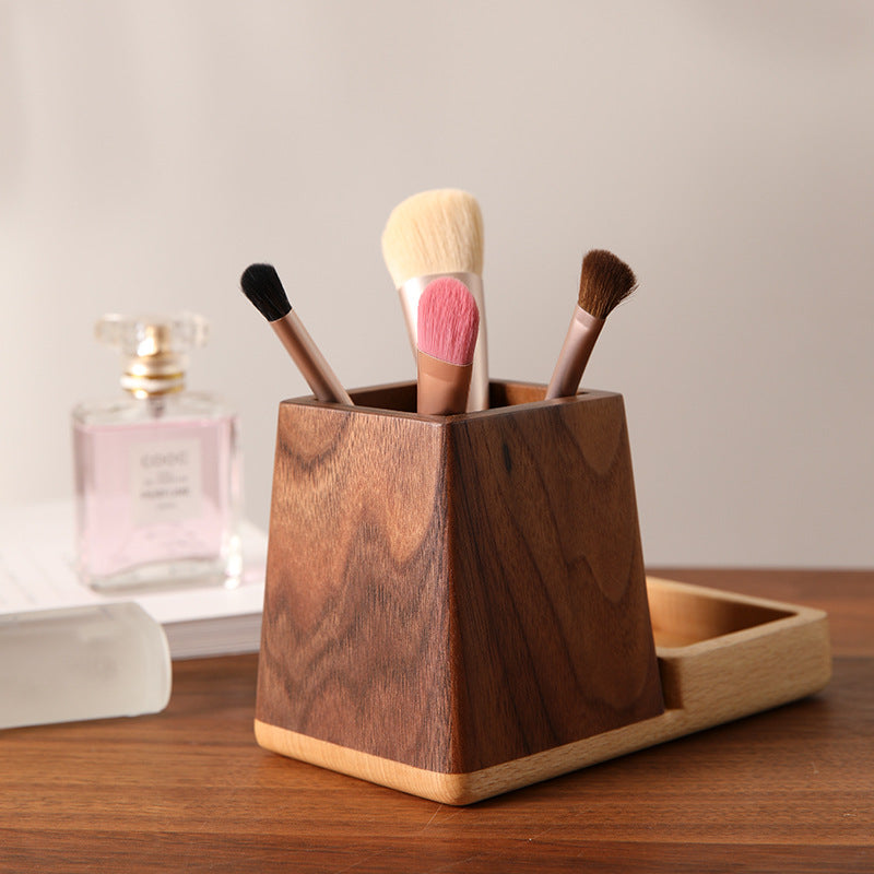Wooden Desk Organizer - Pen Holder with Small Storage Tray, Natural Walnut & Beech Wood