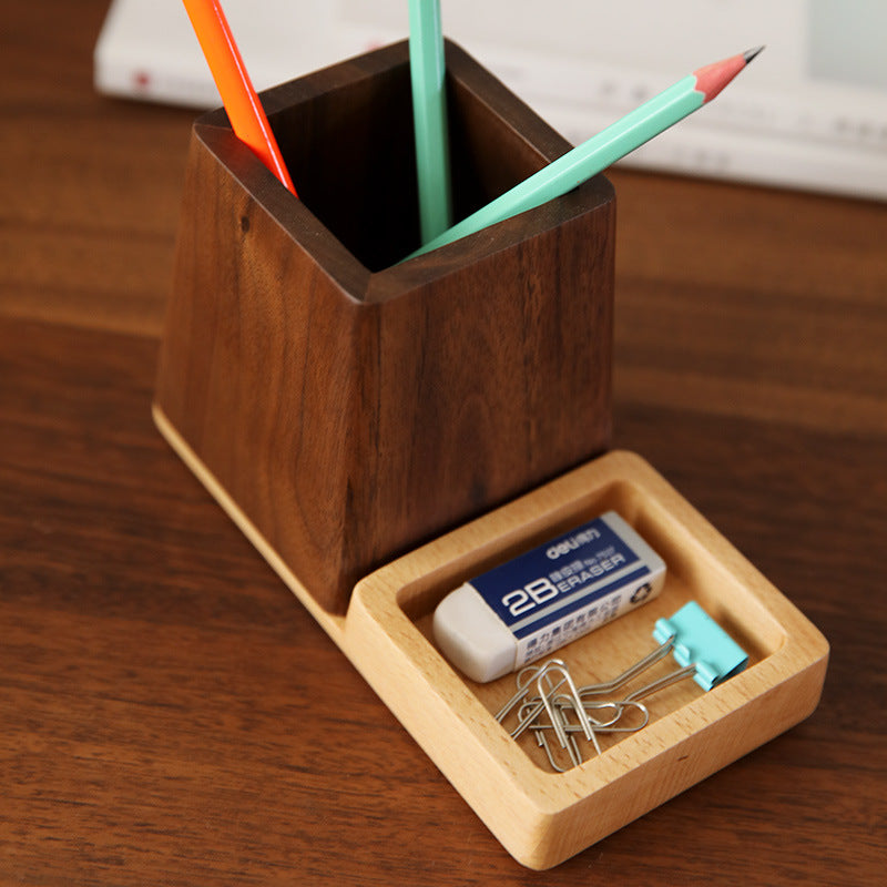 Wooden Desk Organizer - Pen Holder with Small Storage Tray, Natural Walnut & Beech Wood