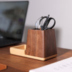 Wooden Desk Organizer - Pen Holder with Small Storage Tray, Natural Walnut & Beech Wood