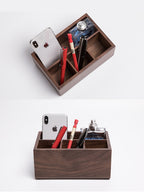 Wooden Desk Organizer with Compartments, Walnut Wood Office Storage Box for Desk Essentials