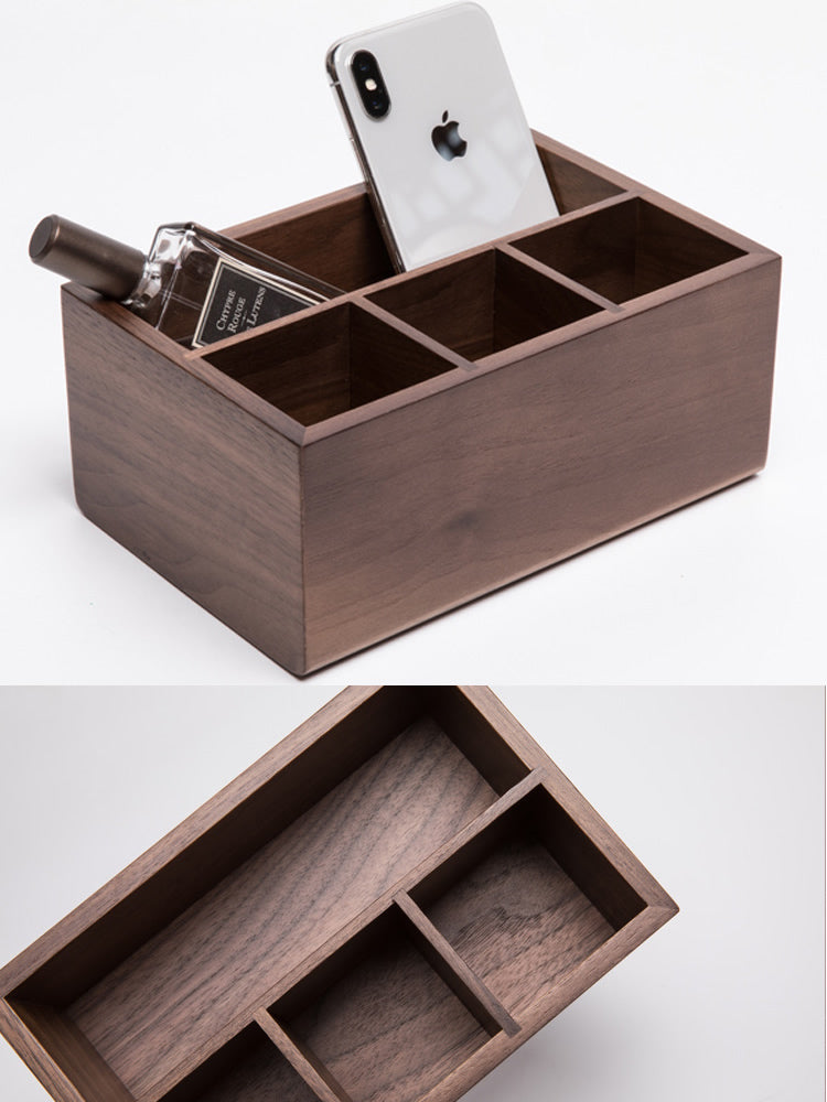 Wooden Desk Organizer with Compartments, Walnut Wood Office Storage Box for Desk Essentials