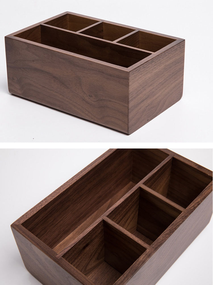 Wooden Desk Organizer with Compartments, Walnut Wood Office Storage Box for Desk Essentials