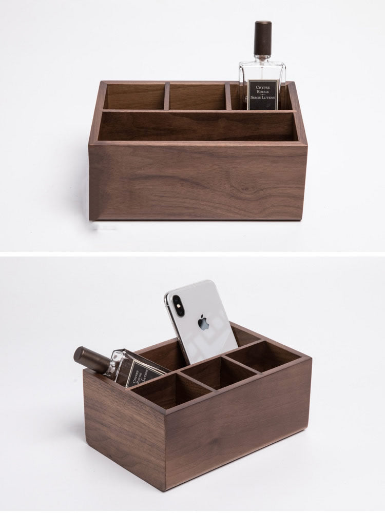 Wooden Desk Organizer with Compartments, Walnut Wood Office Storage Box for Desk Essentials