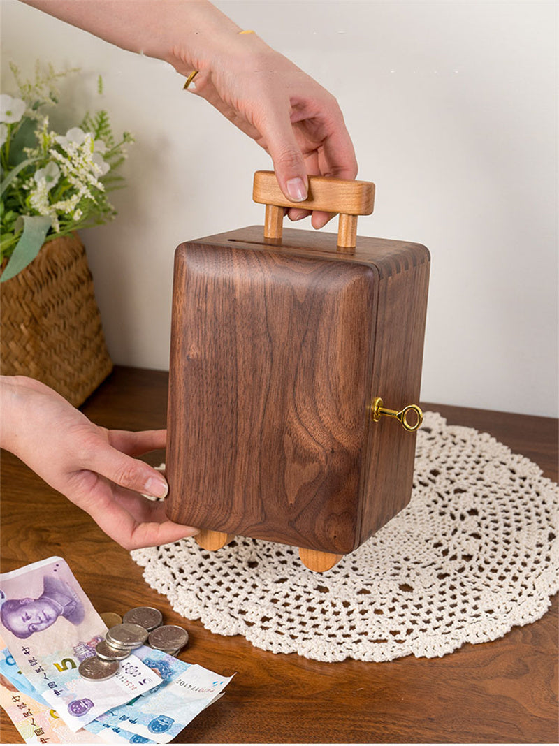 Wooden Piggy Bank with Lock and Handle, Portable Cash & Coin Storage Box