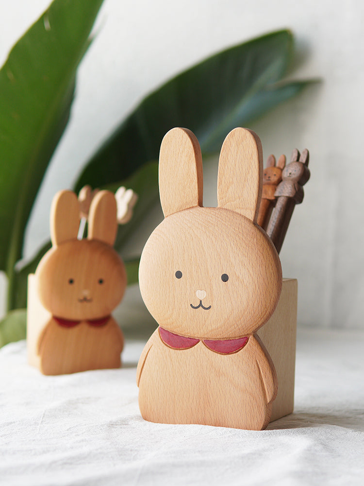 Cute Wooden Bunny Pen Holder & Storage Box, 2 - in - 1 Desk Organizer