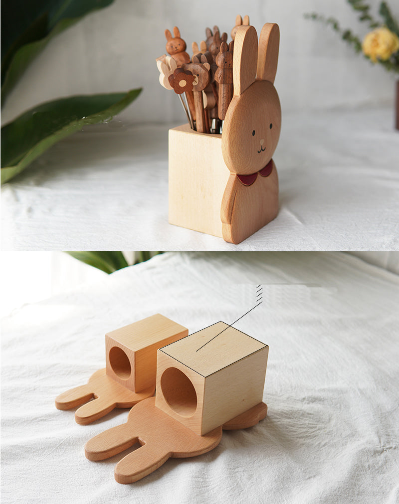 Cute Wooden Bunny Pen Holder & Storage Box, 2 - in - 1 Desk Organizer